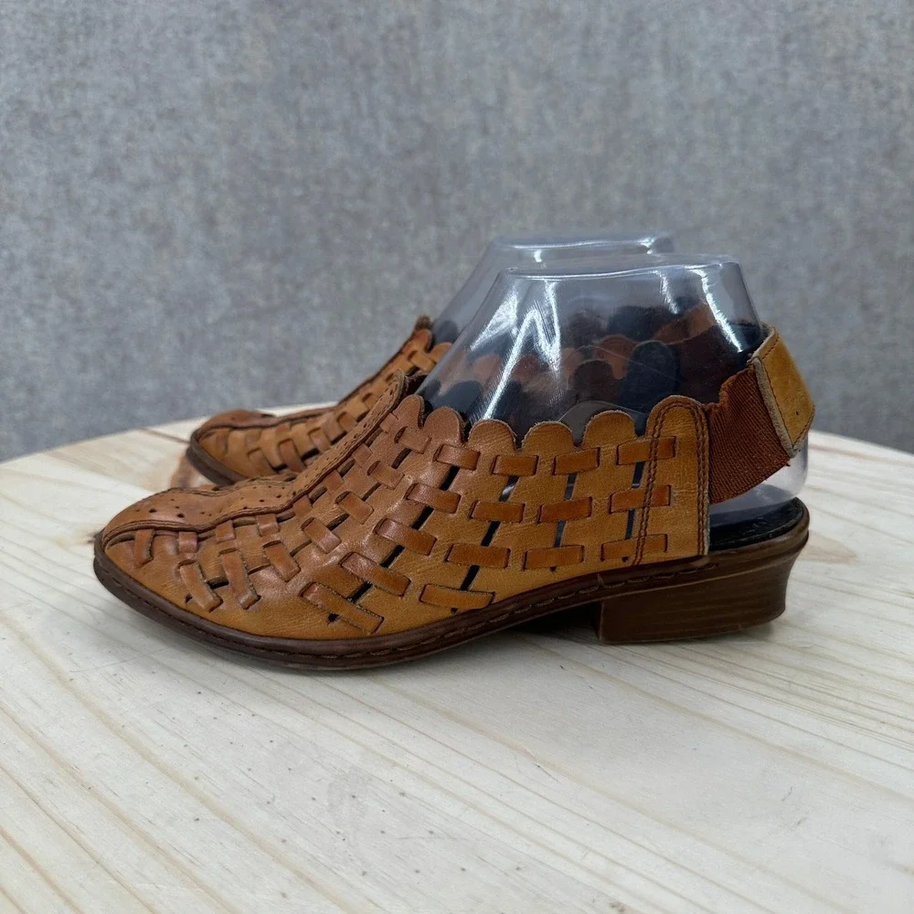 Rieker Woven Leather Slingback Sandals Shoes 7.5 Brown Antistress Scalloped Boho